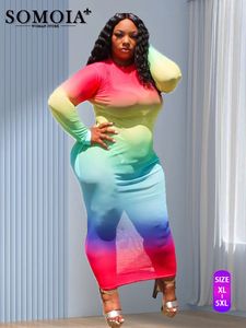 Plus size Dresses Plus Size Fashion Clothes Sexy Mesh Women Dress Turtleneck Long Sleeve Bodycon Skirt Vintage Rainbow Tie Dye Dresses Wholesale 230209