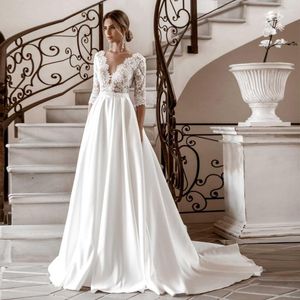 Wedding Dress V-Neck Original Lace Applique Bodice Empire Waistline Matte Satin Dresses Half Sleeves Bridal Gowns