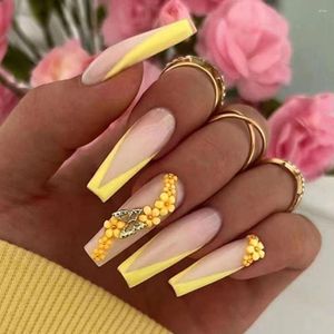 False Nails 24pcs Nail Tip Coffin Full Cover French Wavy Love Heart Yellow Flower Long Ballerina Fake