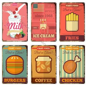 Classic Fast Food Metal Painting Restaurant Burger Drumstick Milk Tea Kitchen Bar Plaque Tin Sign Vintage Metal Sign Decorative Plaque Wall Decor 20cmx30cm Woo