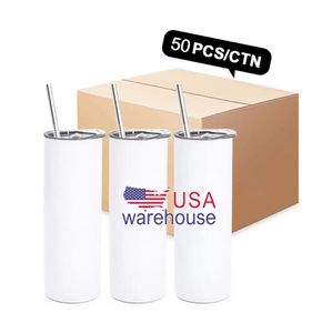 USA STOCK 20oz Sublimation White Straight Blanks Tumbler with Straw Lid Stainless Steel Heat Transfer Travel Mug Double Wall Insulated Water Cups GJ02