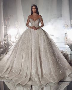 Luxury V-Neck Long Sleeve Sequin Applique Beaded Ruffle Wedding Dress