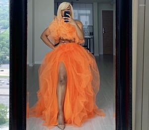 Skirts Fashion Orange Tulle Womens 2023 Ball Gown Split Tutu Floor Length Casual Femme Jupes Elastic Waist