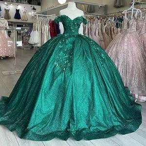 Yeşil çiçekler çiçek quinceanera elbiseler kapalı omuz balo elbisesi palyaço elbise uzun parlak tatlı 16 resmi önlükler brithday parti vestido 15 vx anos geri bağcısı artı boyutu