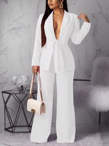 Womens Two Piece Pants Women White Blazer Sets Elegant Lace Up Jacket Tops Straight Spring Summer Classy 2 Outfits Business Party Outwear 230209