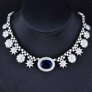 Chains Luxury Elegant Necklace Silver Color Jewelry Accessory For Lady Wedding Oval Imitated Sapphire Blue Stone Banquet Party