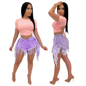 European American Jeans Sexy Shorts hohe Stretch -Taille -Seite Lange Fringe Frauen Jeans Shorts 9072H7