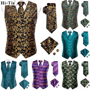 Mens Vests Hitie Black Gold Floral Silk Dress Set For Men Dark Blue Jacquard Suit Manlig midja Bröllop Mal Jacket 230209