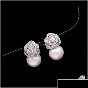 Stud Lovely Diamond Zircon Camillia Flower Pearl Earrings For Woman Girls Super Glittering Ins Fashion Luxury Designer 925 Sier Post Dhenf