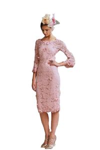 2023 Sexy Short Pink Mother of bride dresses Illusion Full Lace Hand Made Flowers Knee Length Plus Size Party Wedding Guest Gowns 206M