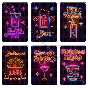 Buntes Neon-Bar-Metallgemälde, Cocktail-Saft, Restaurant, Bar, Club, dekorative Plakette, Vintage-Blechschild, Retro-Metallschild, dekorative Plakette, Wanddekoration, 20 cm x 30 cm, Woo