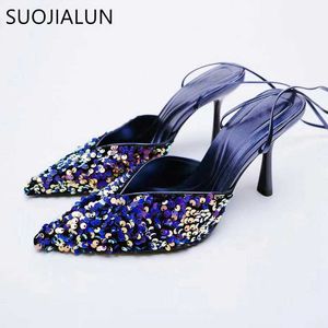 New Pointed Pumps 2024 SUOJIALUN Toe Sandals Women Fashion Bling Shallow Ankle Lace Up Ladies Sandal Thin High Heel Dress Shoes T230208 704
