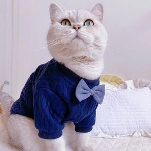 猫の衣装秋と冬の服ブルー子犬子猫のかわいい温かい服プルオーバーと蝶ネクタイのソリッドセーターコートサプライヤー