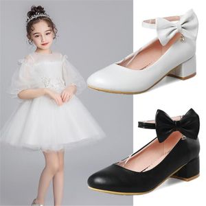 Sneakers Girls Black Leather Princess Shoes Children High Heels Chunky Heel Party 230209