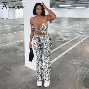 Kadınlar İki Parçalı Pantolon Athvotar Jogger Set Trailsuit Sweat Suits Yüksek bel şerit zebra baskılı üstler ve seksi 230209