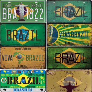 Vintage Brazil Car Number Poster License Plate Popular City Brazil National Flag Retro Tin Signs Home Decor Stickers 15x30cm Woo