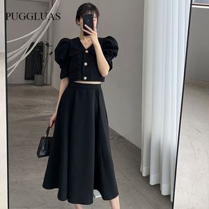 Tvådelklänning Summer Elegant Black Set Retro Womens Outifits Puff Sleeve Crop Topa Line kjolar Korean Fashion Hepburn Suit 230209