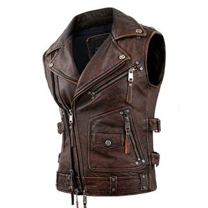 Men's Leather Faux Leather Vintage Brown Motorcycle Vests Men Natural Cowhide Genuine Leather Jacket Sleeveless Men's Riding Vest Motor Biker Jackets 230208