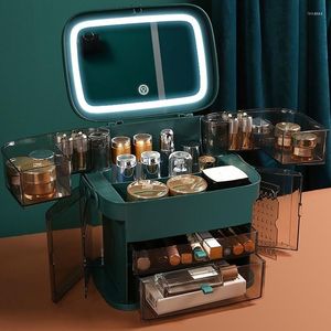 Storage Boxes Pattern Light Luxury Urban Beauty Cosmetics Box Easy To Organize Simple Style With A Mirror LED Store Jewelry