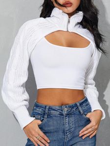 Damen-T-Shirts, modische Damen-Strick-Cropped-Shrug-Tops, einfarbig, Reißverschluss, Stehkragen, lange Ärmel, kurzer Pullover, Mantel, Club-Street-Style