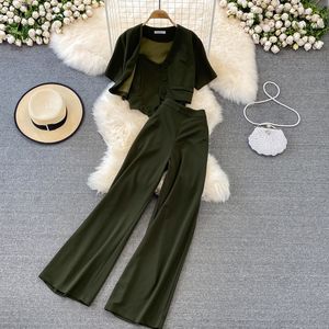 Kvinnors tvåbitar byxor Summer Kvinnor Casual Long Solid Outfits Camisole Short V Neck Shirt Jacket Hög midja Drape Wide Leg Set 230209