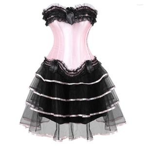 Bustiers Korsetts Sexy Rosa Für Frauen Plus Größe Kostüm Overbust Vintage Korsett Kleid Set Tutu Viktorianischen Rock Spitze