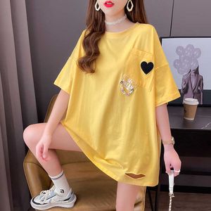 نساء الصيف بالإضافة إلى حجم القطن امرأة tshirts الكورية طويلة النسخة الطويلة فضفاضة ثقب تصميم تي شيرت القميص القميصات السيدات Tops 2022 Y2302