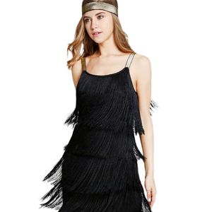 Casual Dresses Women Solid Sleeveless Evening Party Summer Beach Tassel Clothes Flapper Strap Short O-Neck Low Cut Fringe Y2302