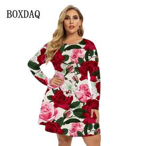 Plus size Dresses Oversized Dresses For Autumn Women 3D Rose Flower Print Dress Fashion Long Sleeve Loose Clothing Casual Plus Size Dress 6XL 230209