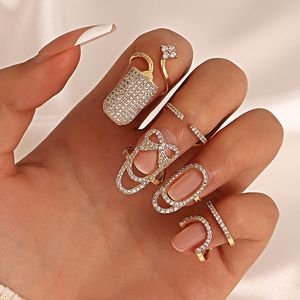 Prong Cubic Zirconia Nail Ring Shiny Open Adjustable Geometric Personalized Finger Rings Iced Out 18K Real Gold Plated Jewelry Accessories Bijoux Gifts for Women
