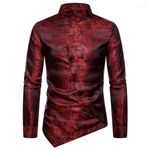 Men's Dress Shirts Men's Floral Black Stand Collar Irregular Long Sleeve Steampunk Shirt Party Bar Social Male Chemise Homme