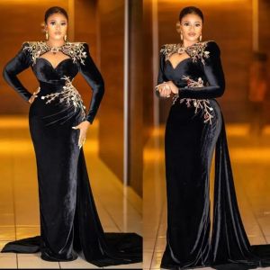 Klasik Siyah Afrika Dubai Balo Elbiseleri 2023 Tam Kollu Kadife Deniz Kızı Elbise Boncuk Aplike Akşam Resmi Parti Önlükleri