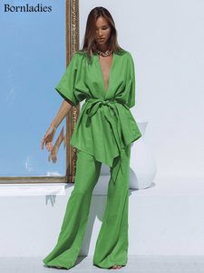 Women's Two Piece Pants Bornladies Green Cotton Vacation Trousers Suits Casual 2 Pieces Half Sleeves Wrap Shirts and Wide Leg Summer Outfits 230209