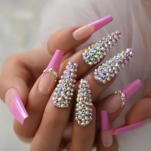 Falska naglar lyx 3D AB Crystal Rhinestone Diamond French Coffin Glossy Pink Nude Super Long UV Fake Ballet Nail Reanvändbart slitage