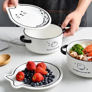 Bowls Animal Hand-painted Ceramic Binaural Soup With Lid Cute Student Dormitory Instant Noodle Rice Bowl