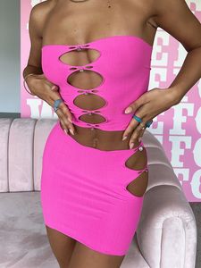 Two Piece Dress hirigin Womens Outfit Suit Sleeveless Hollow Out Halter Backless Crop Top and High Waist Side Cutout Mini Skirt Set 230209