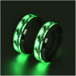 Band Rings 8Mm Titanium Steel New Luminous Dinosaur World Ring Jewelry Fluorescent Designer Wholesale Drop Deliver Dheay