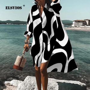 Casual Dresses Autumn Summer Fashion Women's Shirts Dress Casual Printed Lapel Long Sleeve Buttons Irregular Dress Beach Sexy Party Dresses 230209