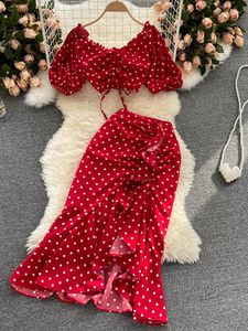 İki Parça Elbise Kadın Redpurpleblack Polka Dot Seti Yaz Seksi Fırfır Kısa Drawstring Üstler Yüksek Bel Düzensiz Etek 2pcs Suit 230209