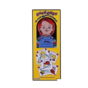 Spille Spille Bravi ragazzi Chucky Puntelli Scatola Smalto Spilla Horror Gioco per bambini Bambola Spilla Valigetta Distintivo Zaino Regalo di gioielli di Halloween Dr Dh8Mc