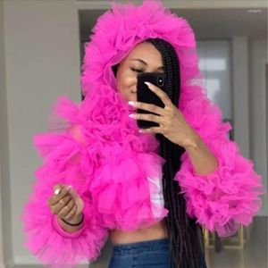 Women's Tanks Chic Fuchisa Lush Puffy Long Sleeves Blouse Shirts With Hat Short Tulle Formal Party Tops For Christmas PinkTop