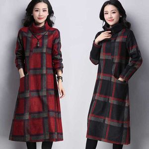 Casual Dresses Winter Women Long Vintage Turtleneck Sleeve Velvet Plaid 2022 New Loose Woolen A-Line CJH001 Y2302