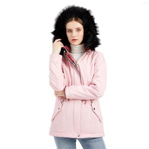 女性用トレンチコート2023秋の温かい毛皮の襟太いジャケットファッションショートフード付きパーカーコート冬女性オフィスレディストリートウェア