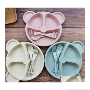 Cups Dishes Utensils Cups Cartoon Baby Kids Tableware Set Wheat St Dinnerware Feeding Food Plate Bowl With Spoon Fork Ecofriendly Dhs8X