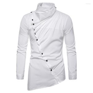 メンズカジュアルシャツ2023メンズロングスリーブシャツ非対称対角フロント韓国ファッションストリートドレスかわいいパーソナリティトップホワイト