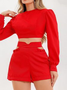 Kvinnors spårningsdräkter Skär ut korta byxor kostym Oneck Slim Fashion Long Sleeve Crop Tops Female 2 Piece Set Spring Button Casual Outfits 230209