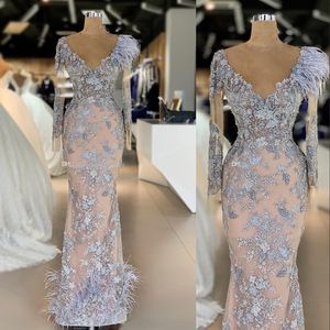 Women's Evening Dresses Sexy V-Neck Mermaid Party Gowns with Lace Appliques & Feather Details, Long Sleeves Prom Dress