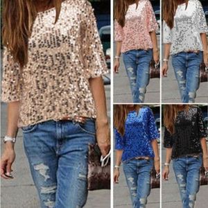 Women's T-Shirt Sexy Club Sequined Half Sleeve T-shirt Women Loose Casual Aesthetic Summer Tshirt Bling Solid Sweet O Neck Top Lady Tee 230209