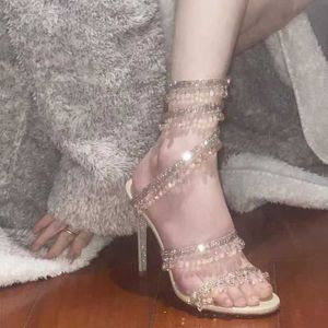 Stiletto heel Sandals Luxury Designer heels Crystal lamp pendant Rhinestone twining foot ring high heeled womens wedding dress shoes narrow band 100mm heel with box