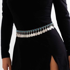 Cintos da cadeia corporal Tassel Cadeia étnica Cadeia turquesa Babes Corrente da cintura Vintage Bohemian Coins Women Belt Adult Metal Moda 2022 G230207